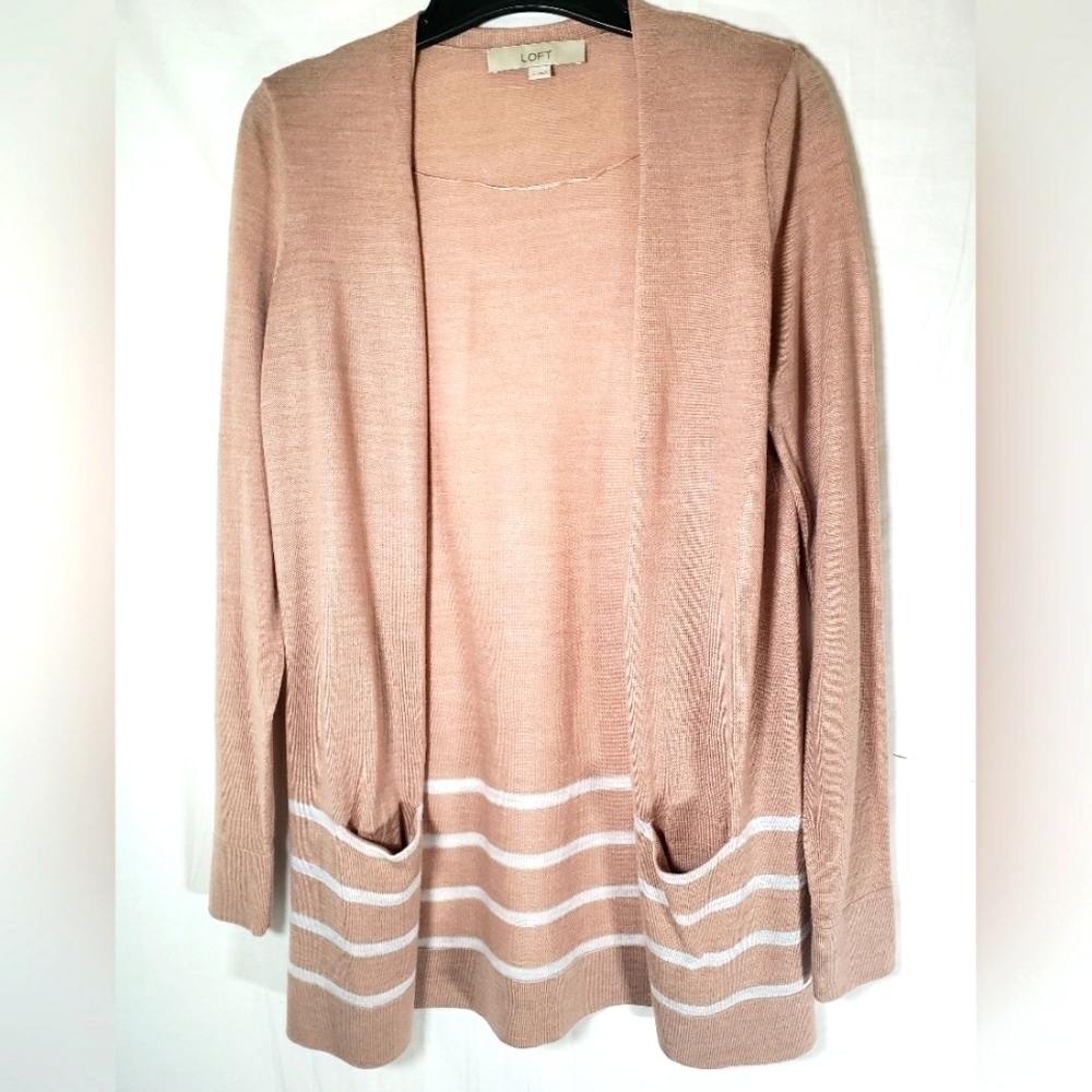 Loft Tan and White Cardigan With Pockets Sz S
